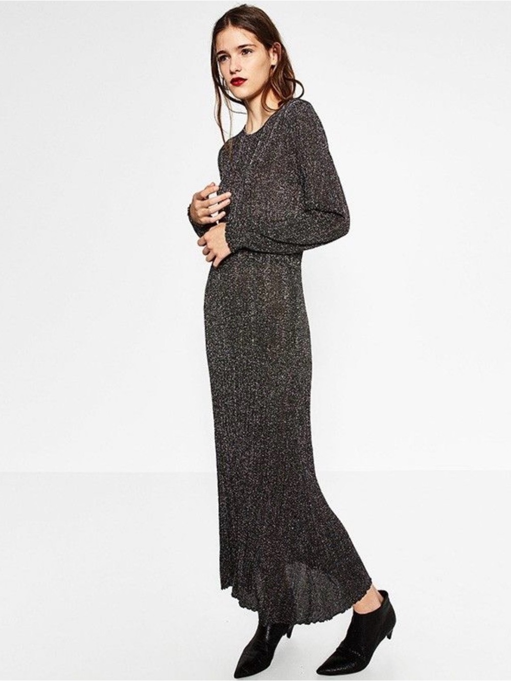 Zara Shimmer Long-Sleeve Maxi Dress in Metallic Charcoal